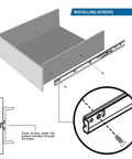 Diagram showing how to install screws for soft close full extension drawer slides with ball bearing 100 lb capacity