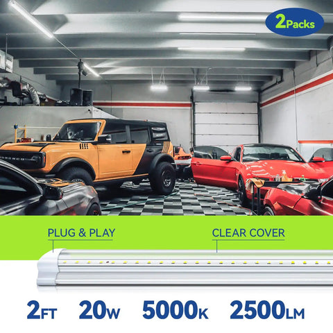 V Shaped Two Foot LED Shop Light 20W 5000K Daylight 2500LM in workshop ceiling with cars, showing linkable design, 2 pack