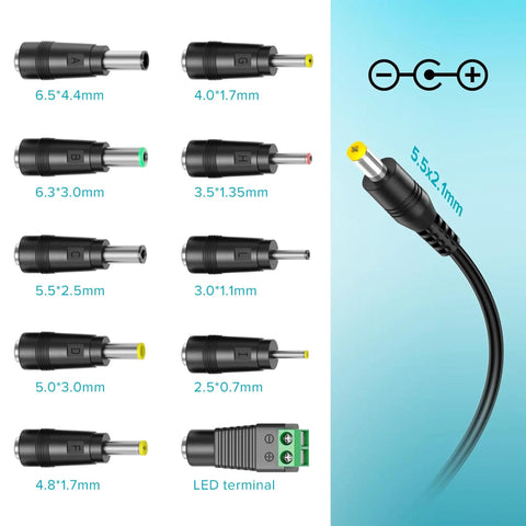 10 DC tips for Universal AC Adapter Charger 45W All In One Power Supply With Multiple Voltages, labeled with sizes