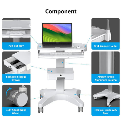 Mobile Medical Trolley Cart With Laptop Tray And Oral Scanner Holder, 360 Degree Locking Wheels, Drawer, Front View