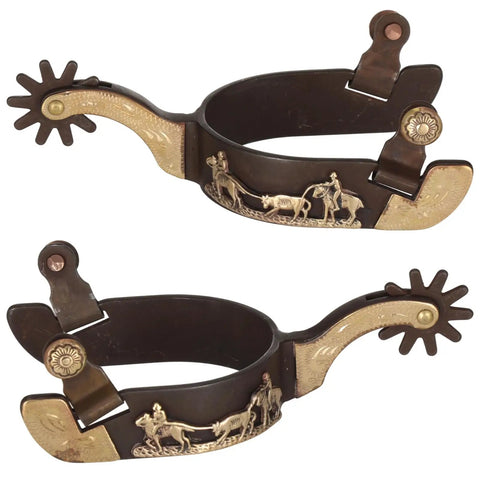 Western Cowboy Boots Spurs With Rotatable Gear Antique Copper And Brass Finish Engraved Trims Retro Low Carbon Steel Horse Spurs
