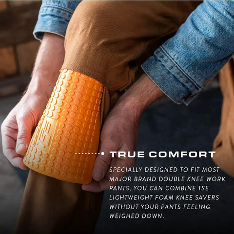 Person adjusting Hi Viz Orange Heavy Duty Knee Pads With Extra Thick Foam Cushion And Soft Inner Liner on pants