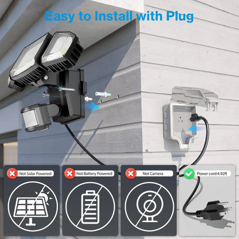 70W Motion Sensor Plug In Outdoor Flood Light No Hardwire Needed Dusk To Dawn 7000LM IP65 Waterproof LED Security Light installed on wall