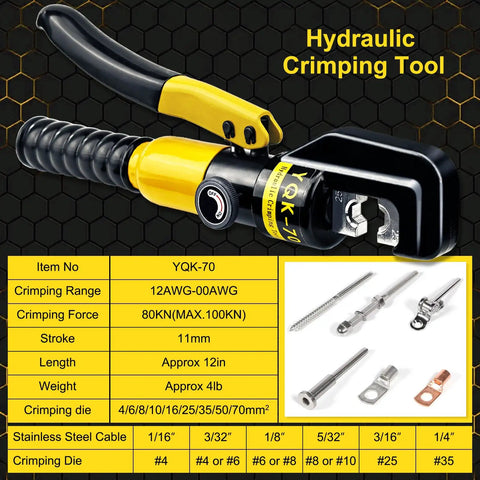 Hydraulic Crimping Tool And Cable Cutter Kit with 10 ton capacity, 11mm stroke, 180 degree rotating head, visible dies and specs