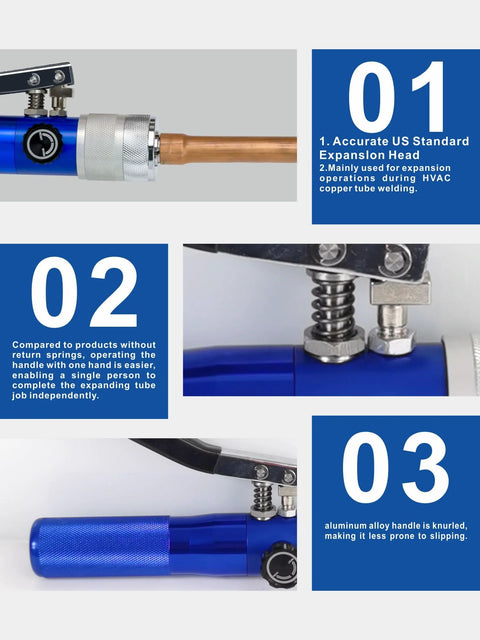AMZCNC hydraulic tube expander kit with blue handle and cutter; 7 expander heads for 3/8–1-1/8 in copper pipes