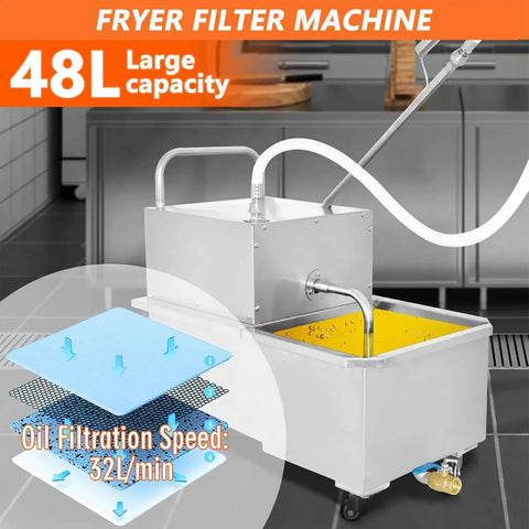 Heavy Duty Commercial Mobile Oil Filter Machine With Built In Pump And Hose showing 48L tank and fast filtration setup.