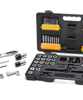 77 Piece SAE And Metric Ratcheting Tap And Die Set With Twist Lock Guide System And 5 Degree Swing Arc Reversing Lever T Handles displayed.