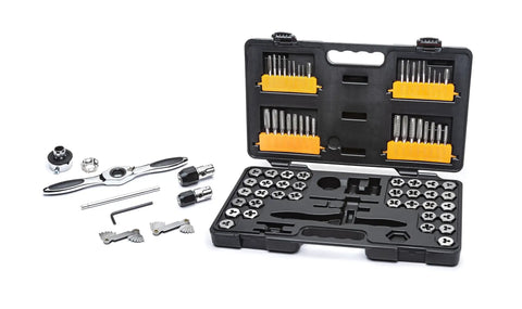 77 Piece SAE And Metric Ratcheting Tap And Die Set With Twist Lock Guide System And 5 Degree Swing Arc Reversing Lever T Handles displayed.