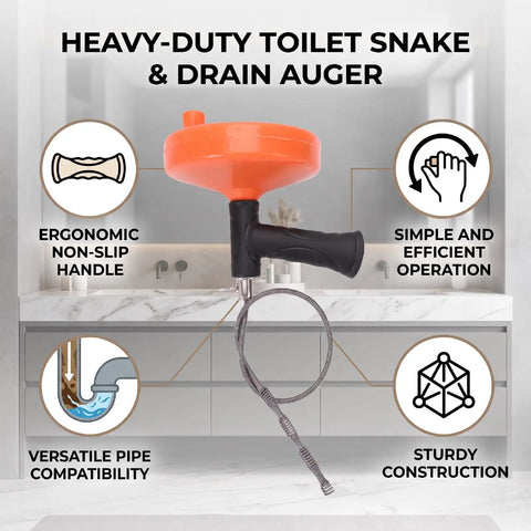 Heavy Duty Manual Drain Snake Auger For Home Plumbing Quick Clog Remover with ergonomic handle and flexible cable for easy pipe cleaning.