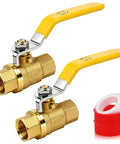 Heavy Duty Brass Ball Valve Three Eighths Inch Full Port With Female To Female NPT Threads, 600 WOG, yellow handles, tape included, 2 pack
