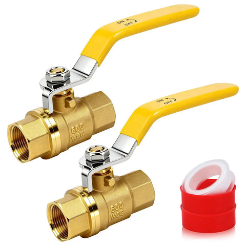 Heavy Duty Brass Ball Valve Three Eighths Inch Full Port With Female To Female NPT Threads, 600 WOG, yellow handles, tape included, 2 pack