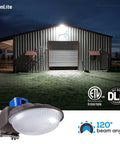 75W LED Barn Light Dusk To Dawn Outdoor Flood Light With Photocell, mounting arm included, illuminating a barn at night