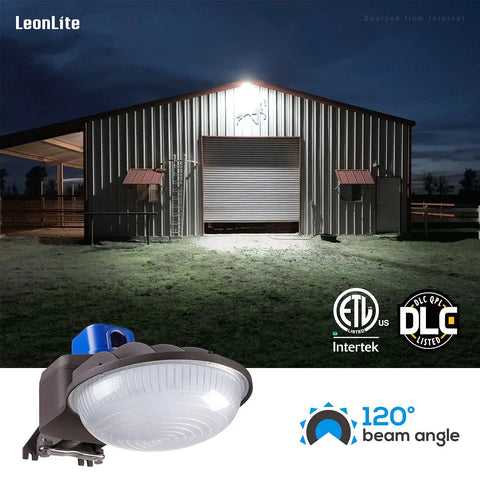 75W LED Barn Light Dusk To Dawn Outdoor Flood Light With Photocell, mounting arm included, illuminating a barn at night