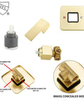 Components of Brushed Gold Shower Faucet Trim Kit With Rough In Valve, showing brass concealed body and cUPC certification details.