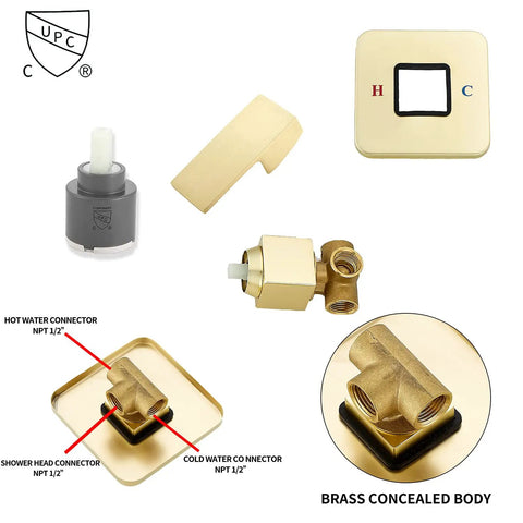 Components of Brushed Gold Shower Faucet Trim Kit With Rough In Valve, showing brass concealed body and cUPC certification details.