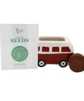 Front view of Mini Ceramic Flower Bus Grow Kit Four Pack With Colorful Retro Bus Planters And Seeds Daisy Cosmos Calendula Coneflower