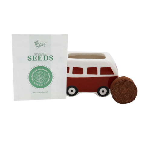 Front view of Mini Ceramic Flower Bus Grow Kit Four Pack With Colorful Retro Bus Planters And Seeds Daisy Cosmos Calendula Coneflower