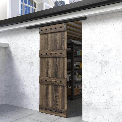 60 Inch Box Rail Sliding Barn Door Hardware Kit With Ceiling Mount Heavy Duty Aluminum Track In Black installed outdoors