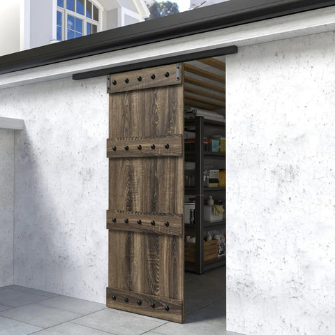 96 Inch Box Rail Sliding Barn Door Hardware Kit Ceiling Mount For Exterior And Interior Single Door Beefy Build Heavy Duty Black Aluminum Track With Corrosion Resistant Finish And Smooth Easy Glide Door Not Included installed view on exterior barn door.
