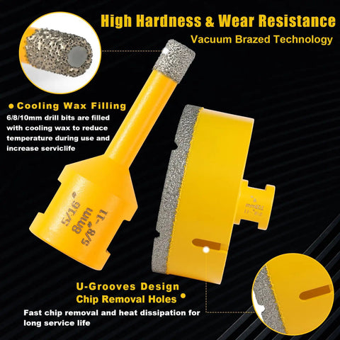 Get Your Renovation Done Right With This Badass 14 Pc Diamond Tile Hole Saw Kit Including Sizes From 6 Mm To 100 Mm Plus Chamfer Bits And Heavy Duty Diamond Blade For Smooth Drilling In Marble Ceramic And Porcelain Tile No Sweat Guaranteed. Yellow 8mm diamond drill bit with cooling wax filling and U-groove design for effective chip removal.