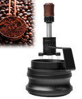 Game Changing 58mm Espresso Puck Distributor Tool With Adjustable Height And Eight Precision Needles To Break Up Clumps Quick For Creamy Fresh Pulls Daily A Total Home Cafe Upgrade That Is Totally Worth It, shown with ground coffee.