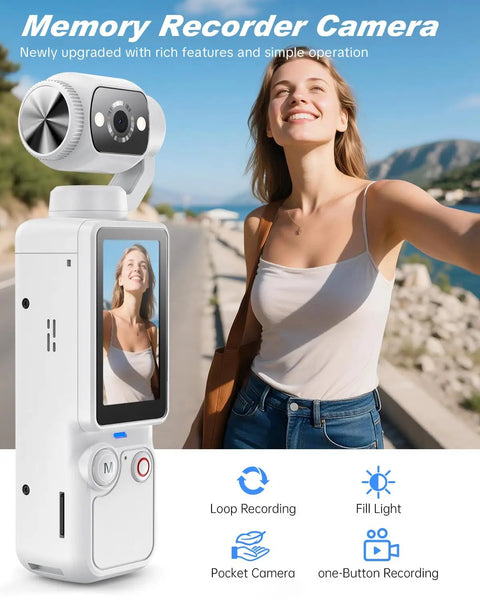 Woman using Pocket 2.5K Video Recorder With 180 Degree Rotating Lens For Vlogging, Handheld POV Camera With Audio And Video Recording, 7 Hour Battery, Includes 32GB Card, White.
