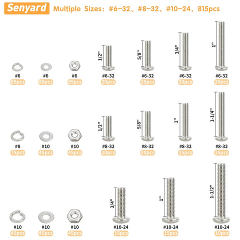 Image showing the 815-Piece Machine Screws Assortment Kit with case, including various sizes of stainless steel screws, nuts, and washers.