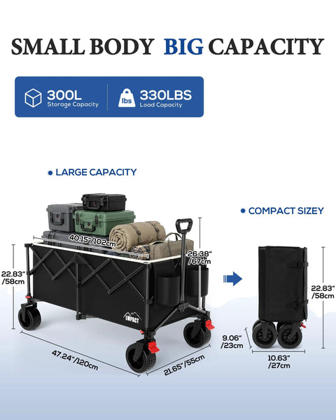 47 Inch Collapsible Wagon Cart With Mega 300 Liter Capacity, Foldable Outdoor Utility Wagon loaded with gear and compacted.