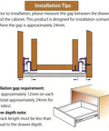 22 Inch Soft Close Drawer Slides 1 Pair Heavy Duty Side and Bottom Mount Glides for Cabinets and Dressers Replacement White 55lb Capacity With Quiet Smooth Nylon Rollers installation gap diagram
