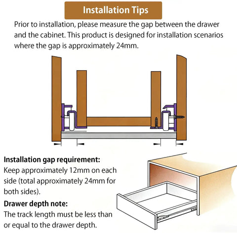 22 Inch Soft Close Drawer Slides 1 Pair Heavy Duty Side and Bottom Mount Glides for Cabinets and Dressers Replacement White 55lb Capacity With Quiet Smooth Nylon Rollers installation gap diagram