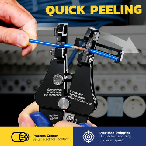3 In 1 Automatic Wire Stripper Tool For 8 To 22 AWG being used to strip a blue wire, focus on blade and action, close-up view