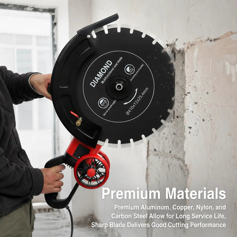 4000 Watt Electric Concrete Saw With 16 Inch Diamond Blade For Wet Or Dry Cutting showing sharp diamond blade close-up.