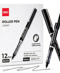 Rollerball Pens 0.5 Mm Fine Tip Black Ink 12 Pack shown with two pens and packaging, stainless steel needle tip visible.
