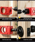 Unlock The Ultimate DIY Cheat Code With This Rock Solid Door Hinge Jig And Lock Installation Kit featuring a red drilling template in use.