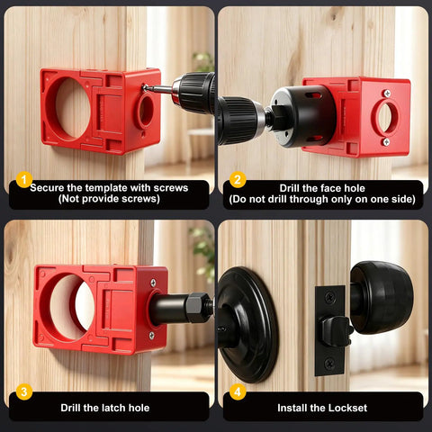 Unlock The Ultimate DIY Cheat Code With This Rock Solid Door Hinge Jig And Lock Installation Kit featuring a red drilling template in use.