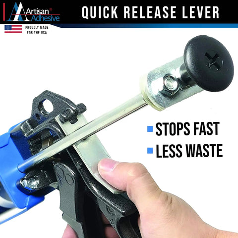 Close-up of Heavy Duty All Metal Adhesive Dispenser Gun For 250mL Cartridges with quick release lever in use.