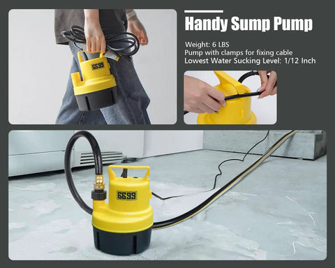 Heavy Duty Submersible Sump Pump One Quarter HP 1500 GPH Portable Water Transfer Pump with 10 ft cord in use