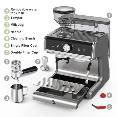 Pro 20 Bar Espresso Machine With Built In Conical Burr Grinder And Steam Wand For Pulling Smooth Shots and Crafting Rich Lattes Solid Home Barista Gear With Gray Silver Finish with removable tank and components