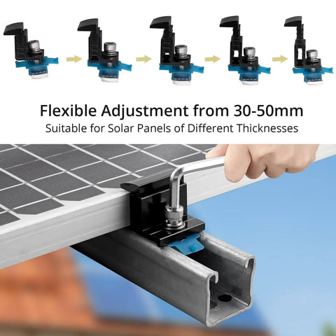 10 Pack Adjustable Solar Panel End Clamps For Unistrut Channels Featuring 30 To 50mm Aluminum Mounts and Rustproof Fasteners in use.