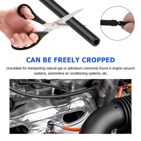 Get Your Car Running Smooth With This Slick 70 Piece Vacuum Line Kit Featuring Super Durable 5 Foot Silicone Hoses And 64 Secure Connectors In Multiple Sizes For Any Vehicle Piping System You Need To Fix Up Today. Black silicone vacuum hose cut to length for car engine repair with connector close-up