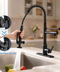 RUMOSE Matte Black Commercial Kitchen Faucets with Pull Down Sprayer in use, showcasing dual function and 360° swivel.