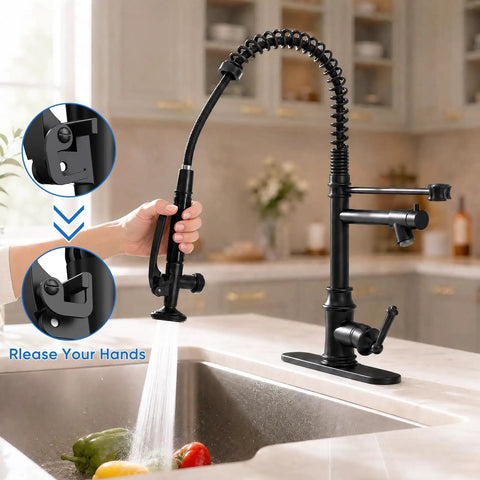 RUMOSE Matte Black Commercial Kitchen Faucets with Pull Down Sprayer in use, showcasing dual function and 360° swivel.