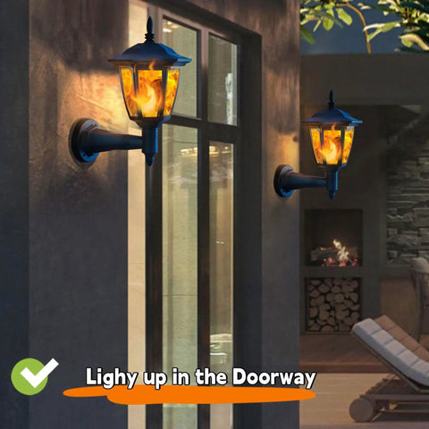 Four Pack Solar Flame Wall Lanterns Outdoor Lights Solar Powered No Wiring Needed Sconce LED Flickering Flame on wall