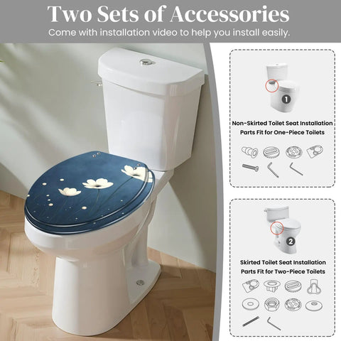 Toilet Seat Replacement Round for Bathroom shown on a toilet, features floral design, size 14.5" x 16.5", includes installation accessories.