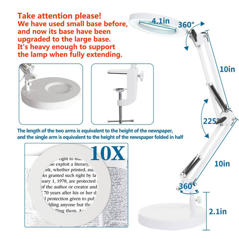 Diagram of 10X Magnifying Light with LED Desk Lamp Clamp showing 4.2 inch glass lens and adjustable arm angles.