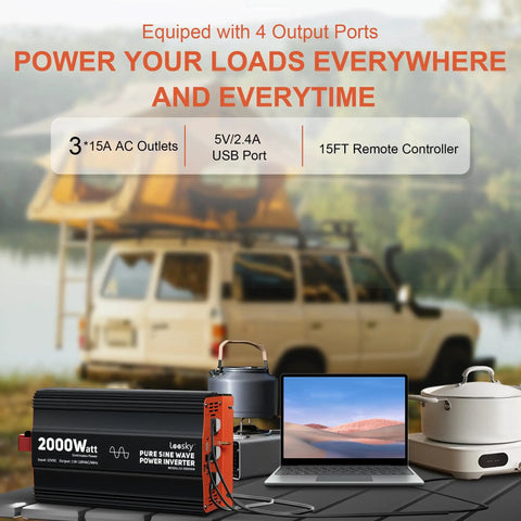 2000 Watt Pure Sine Wave Inverter 12V To 120V With Built In UL Listed Fuse, 3 AC Outlets And USB showcased with camping equipment