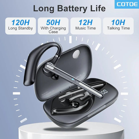 All Day Wireless Bluetooth Headset With 72 Hour Talk Time And 500mAh Case, V5.3 Noise Cancelling Mic shown with case open.