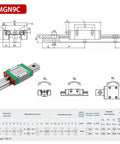 Diagram and specifications for Two Pack MGN9 100mm Linear Rails And MGN9C Carriage Blocks Kit for 3D printers and CNC machines.