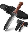 Hori Hori Garden Knife With 7 Inch Stainless Steel Blade And Full Tang Walnut Handle All Purpose Outdoor Garden Tool For Digging Weeding Cutting And Pruning Includes Hanging Hole Great Gift For Gardeners, shown with sheath