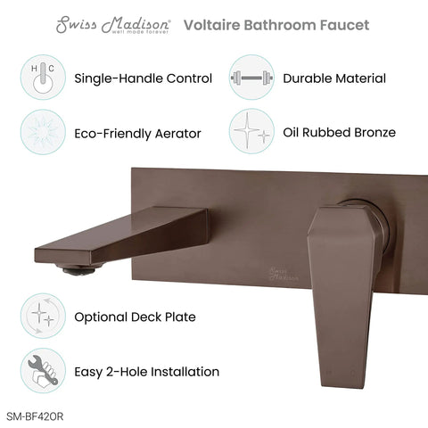 Single-Handle Wall-Mount Bathroom Faucet In Oil Rubbed Bronze, Solid Brass Construction, shown with control features